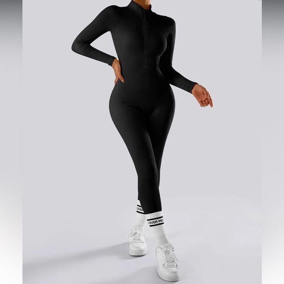 Ribbed Zipper Long Sleeves Jumpsuit. Seamless ribbed with tummy control. Gym. - Picture 11 of 14